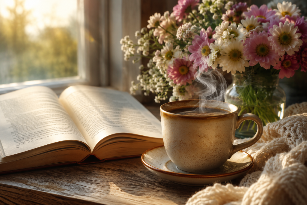 Цитати про маленькі радощі – чашка кави, книга та сонячне ранкове світло